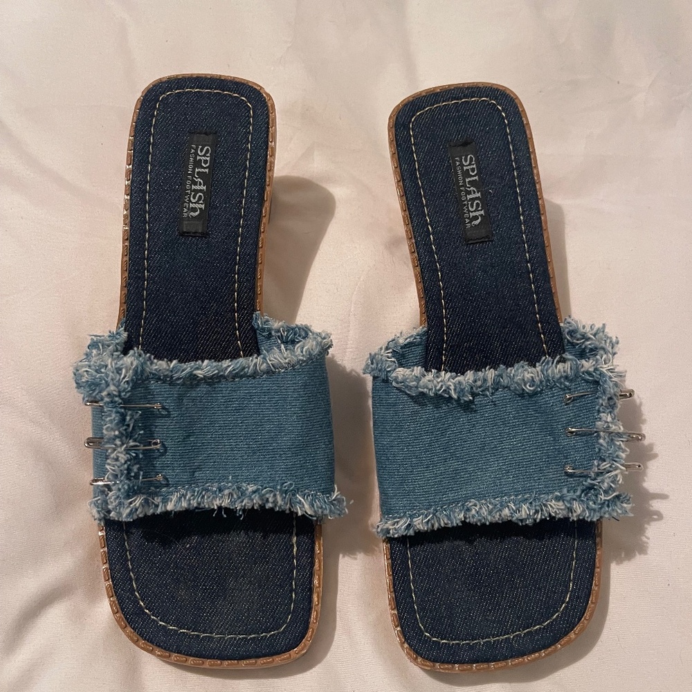 denim wooden heeled sandal with safety pin detail